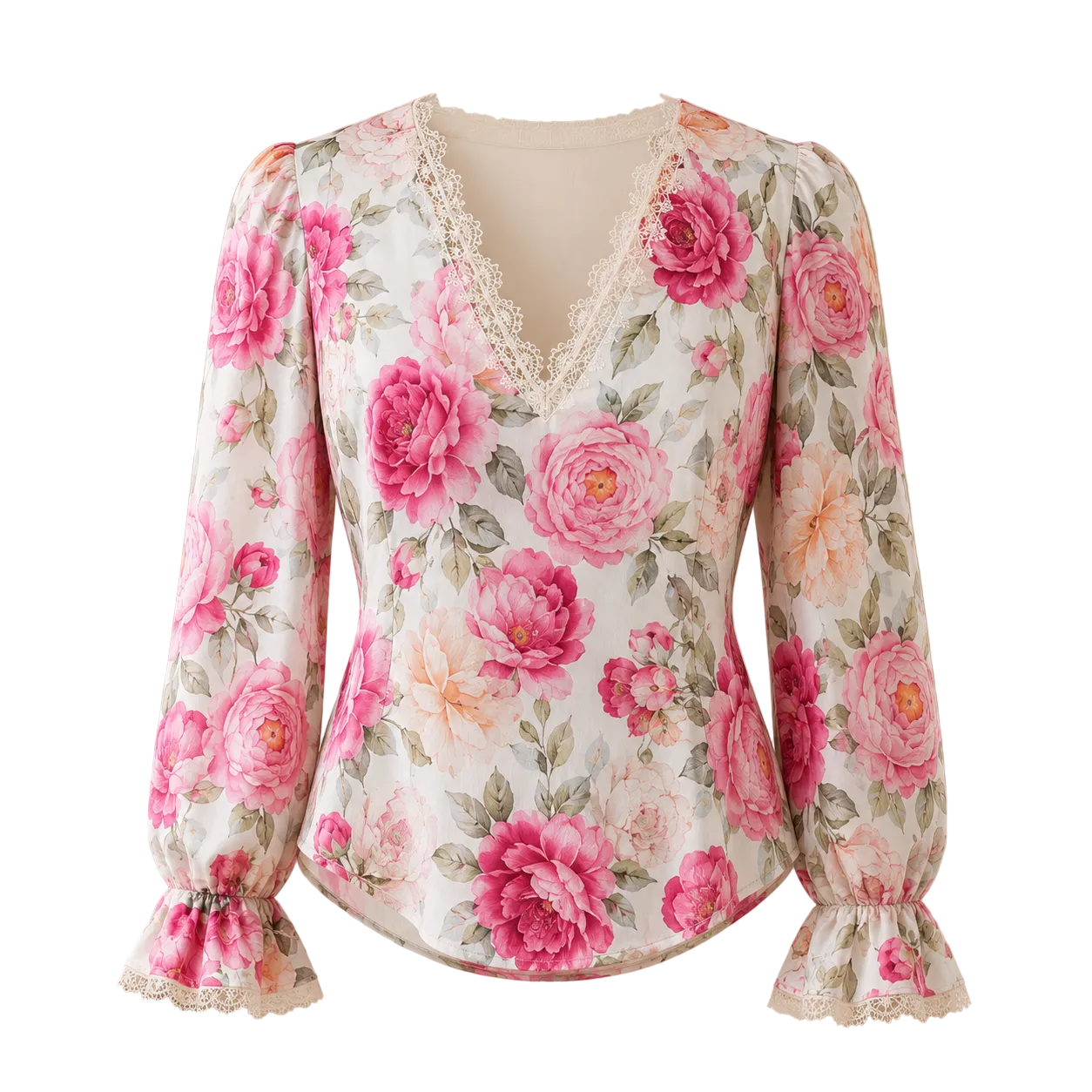 Lace-Trim Floral V-Neck Blouse