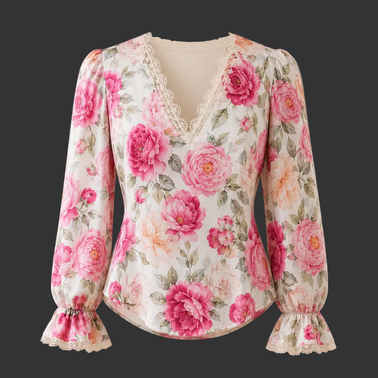 Lace-Trim Floral V-Neck Blouse