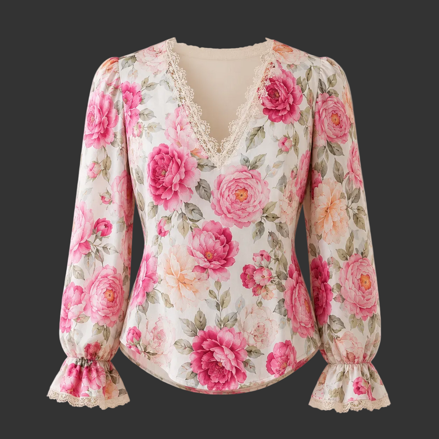 Women's Lace-Trim Floral V-Neck Blouse