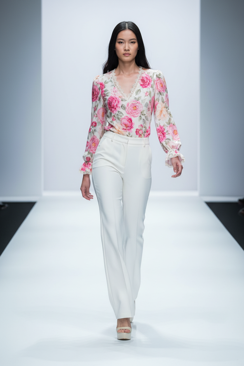 Women's Lace-Trim Floral V-Neck Blouse