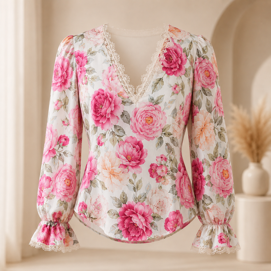 Lace-Trim Floral V-Neck Blouse main product photo in cream boutique setting
