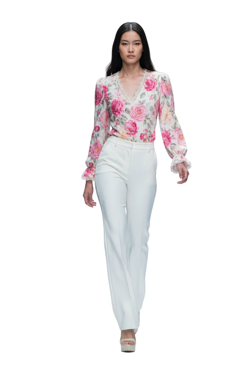 Women's Lace-Trim Floral V-Neck Blouse