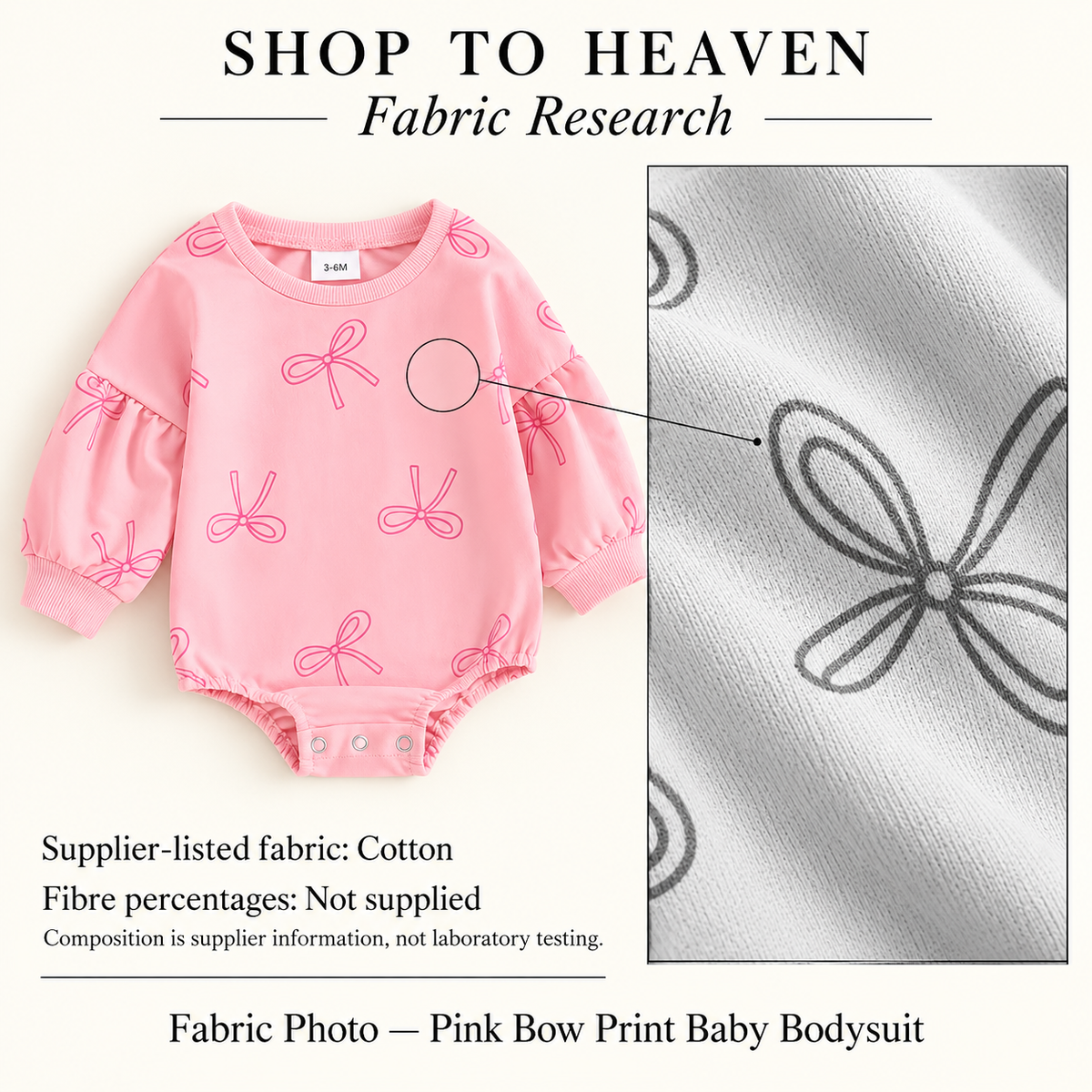 Fabric Research — Pink Bow Print Baby Bodysuit; supplier-listed cotton, percentages not supplied