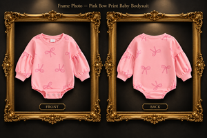 Pink Bow Print Baby Bodysuit — supplier front and back in mirrored frames