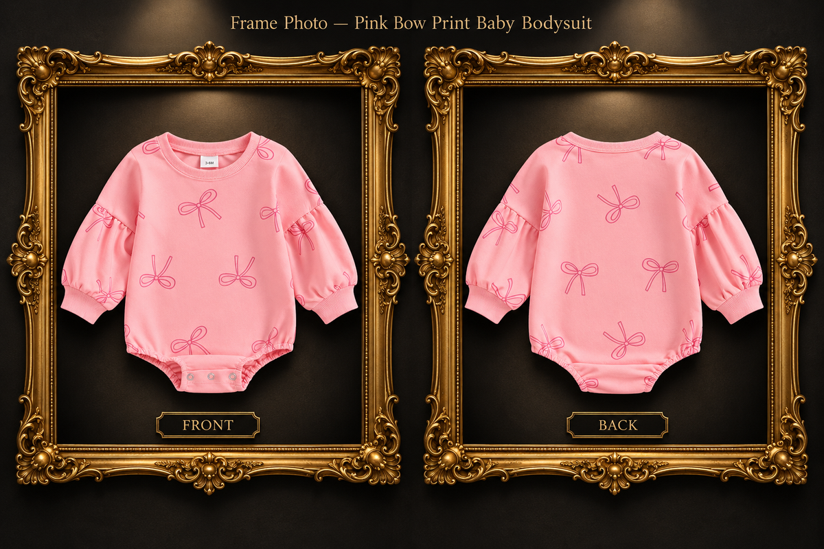 Pink Bow Print Baby Bodysuit — supplier front and back in mirrored frames
