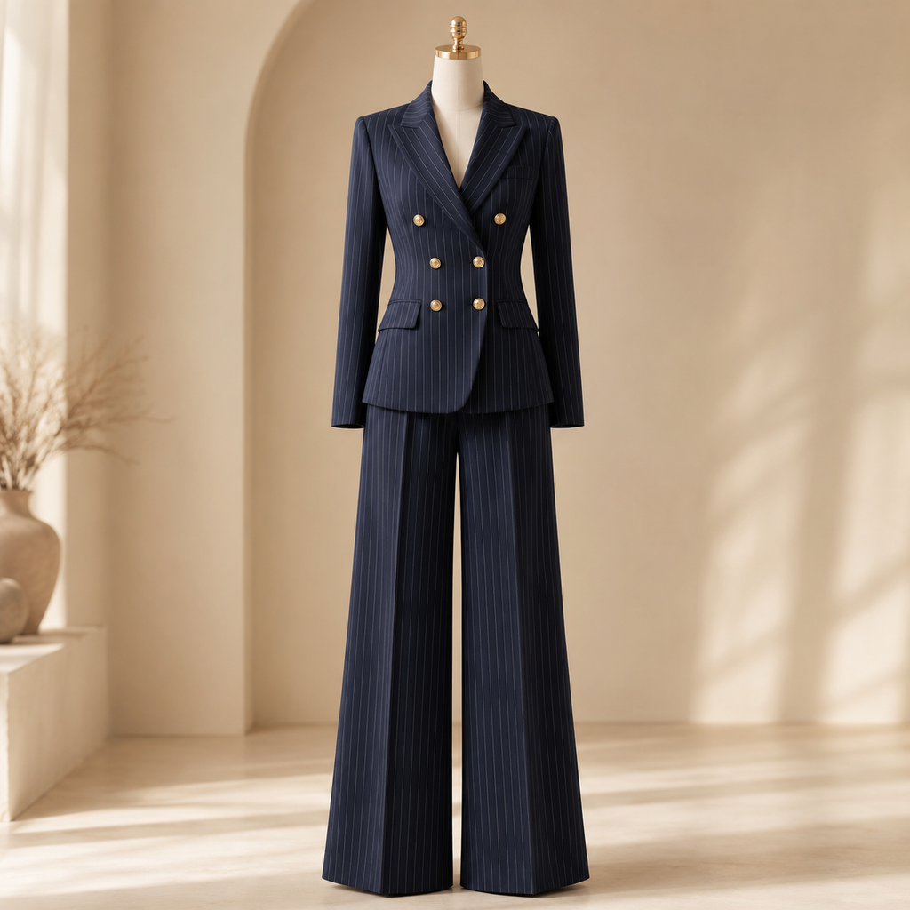 Pinstripe Blazer and Wide-Leg Pants Set main product photo in cream boutique setting