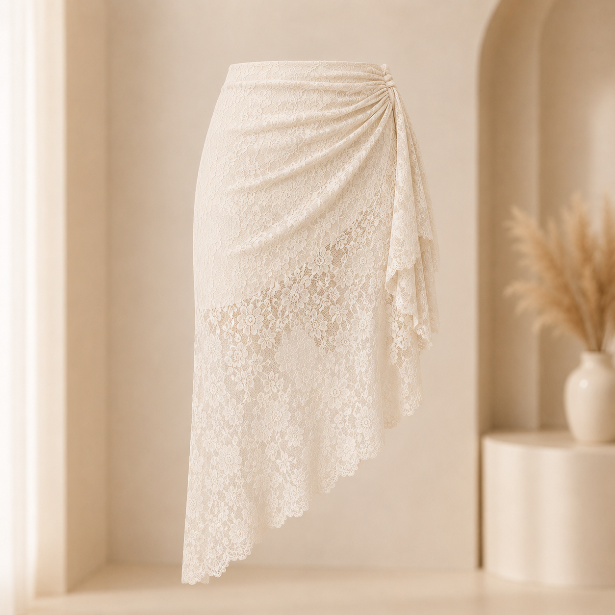 Vintage Lace Asymmetrical Skirt main product photo in cream boutique setting