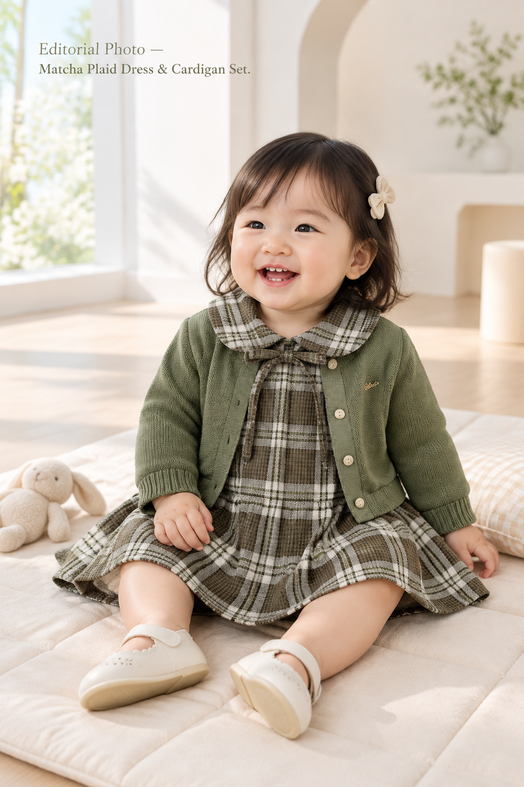 Studio Editorial — Matcha Plaid Dress & Cardigan Set