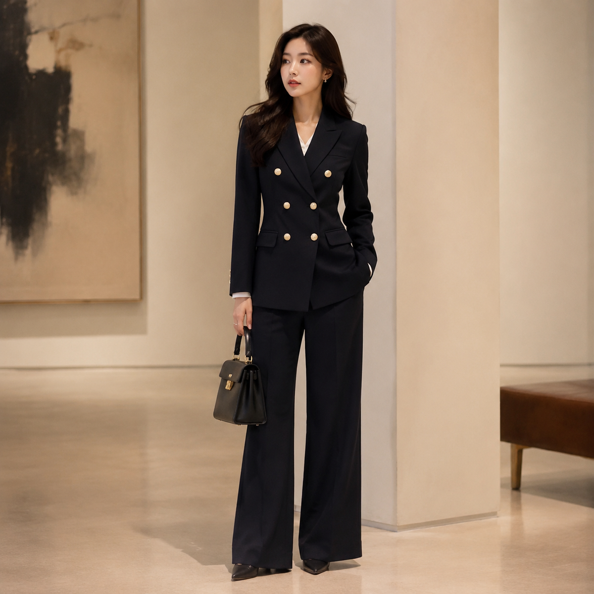 Women's Tailored Blazer and Wide-Leg Pants — dark navy editorial lifestyle