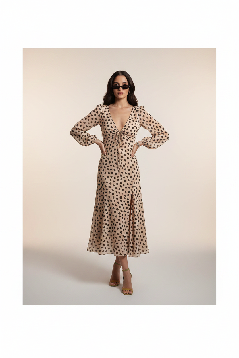 Two Tone Dot Print Midi Dress