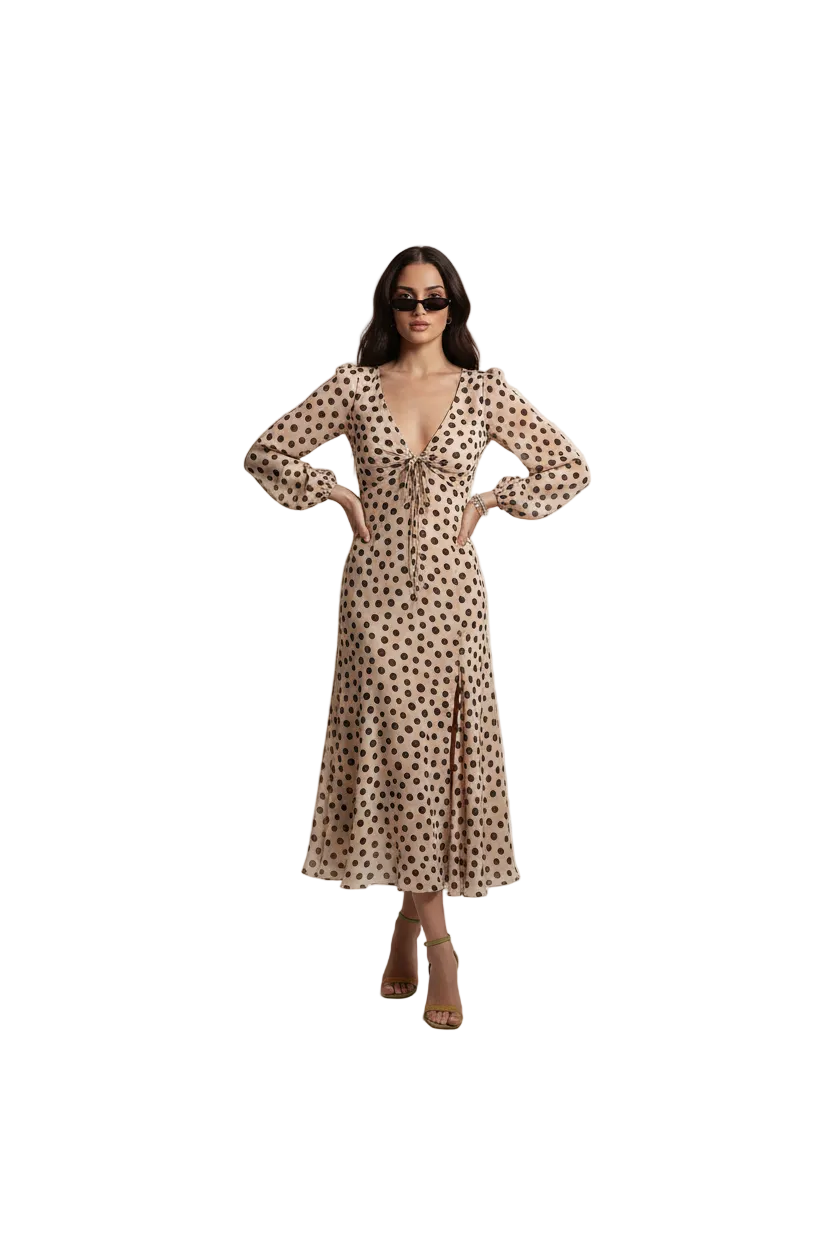 Dot Print Split Mermaid Midi Dress