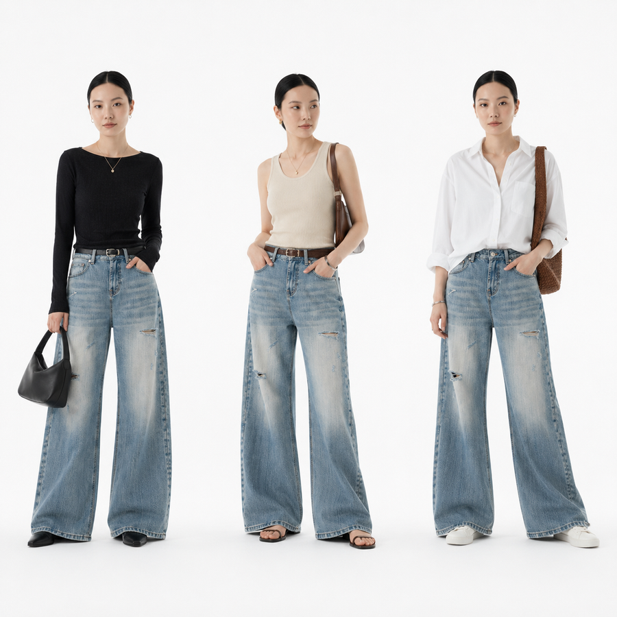 Vintage Distressed Ripped Bootcut Jeans — three styling looks, set 1