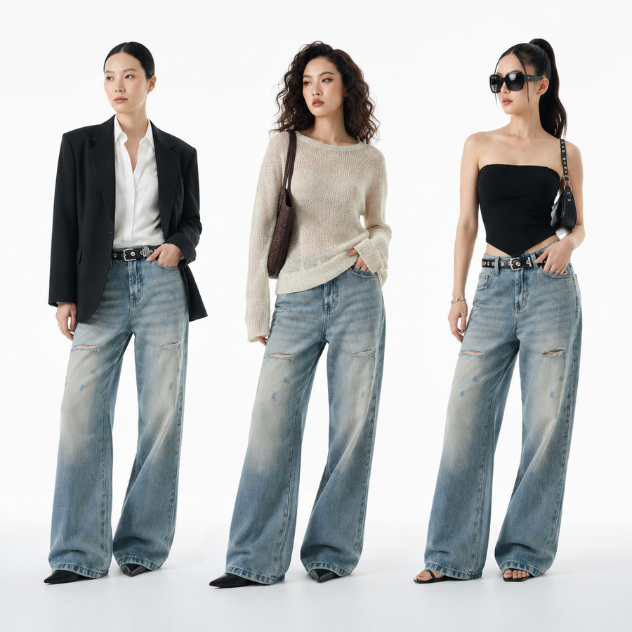 Vintage Distressed Ripped Bootcut Jeans — three styling looks, set 2