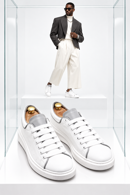 Men’s White Lace-Up Sneakers with Grey Trim