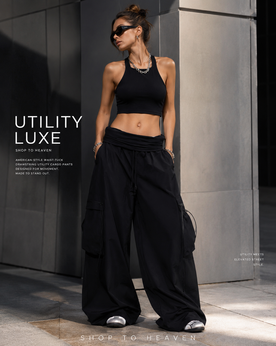 Shop To Heaven Wide-Leg Cargo Parachute Pants black editorial lifestyle image